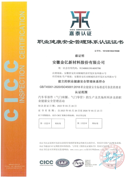 安徽金亿新材料S初审-职业健康认证